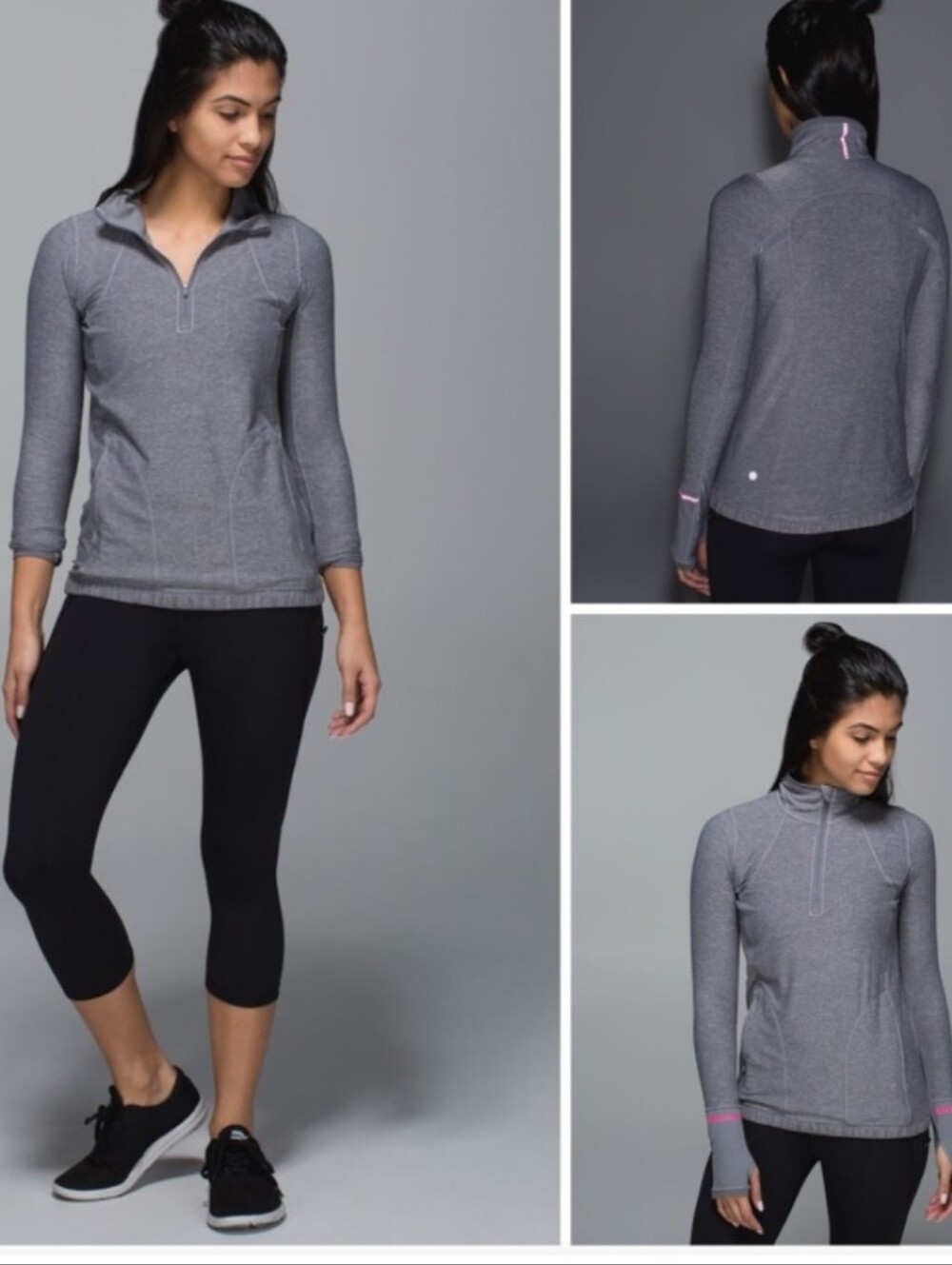 lululemon Pace Pusher Grey Quarter-Zip Pullover with Pink Accents